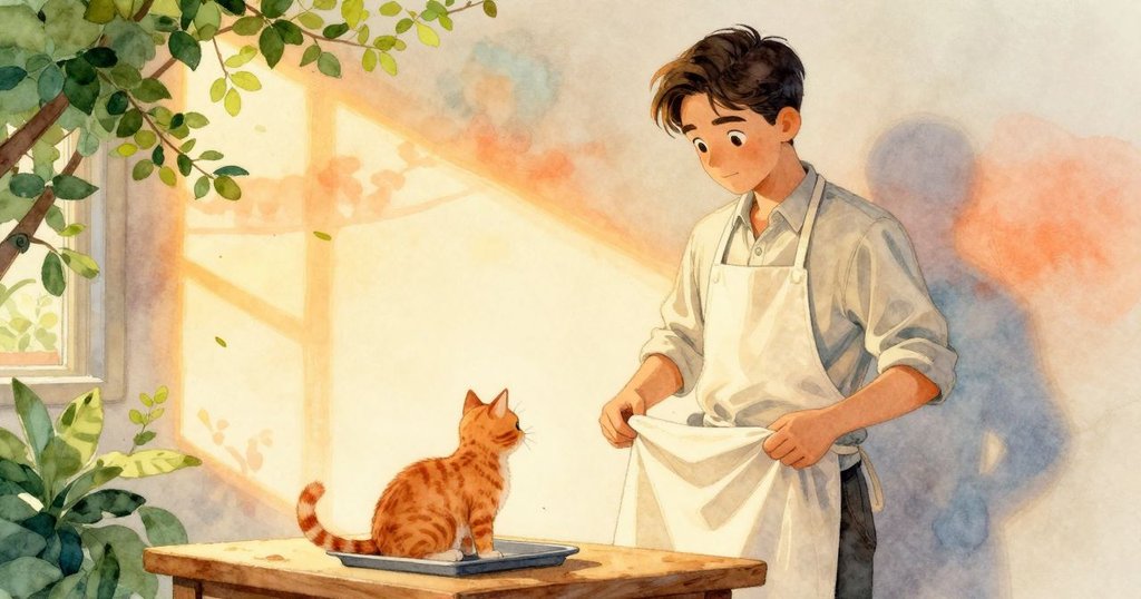 Selwyn展開圍裙保護桌面，桌面一側沐浴陽光一側籠罩陰影，薑貓靜臥在桌上，畫面呈現明暗對比