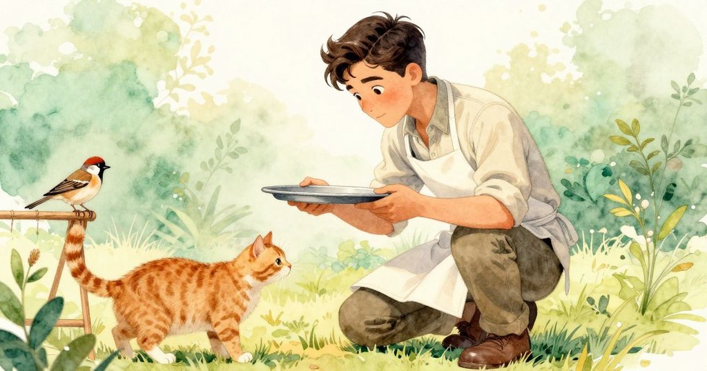 Selwyn蹲於桌邊用圍裙遮擋微風，薑貓細嗅新避光處，麻雀傾頭觀察，情境動感且柔和