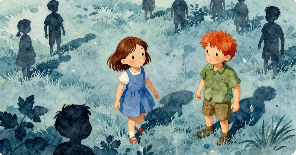 Cora和Kieran在明亮戶外場景中出現，Cora拿著罐頭聆聽，Kieran站在石上，輪廓清晰，充滿神秘與期待