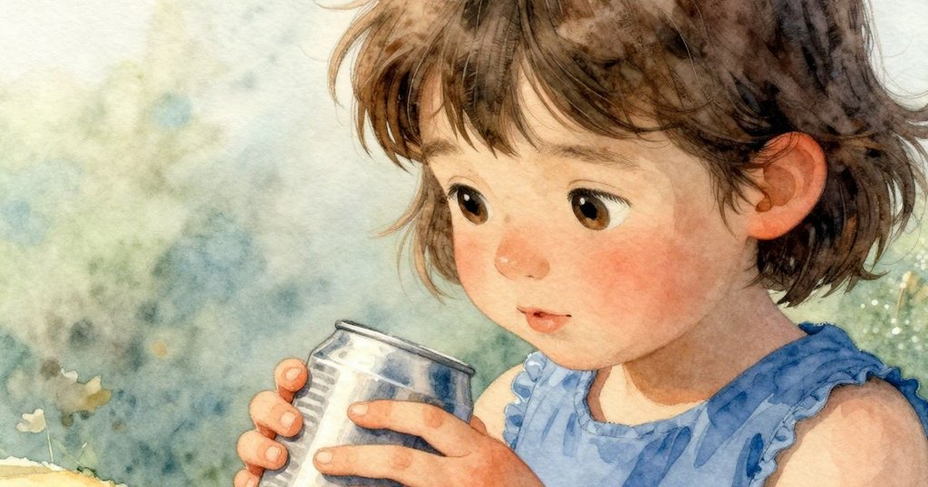 Cora專注地握住金屬罐頭，特寫展示罐緣閃爍光澤，手部動作穩定，背景隱約顯示戶外草地