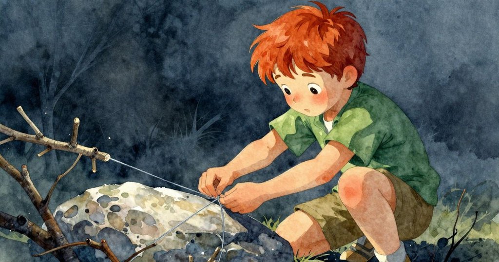 從小動物視角看Kieran在石上調整閃光電話線，周圍有新折斷的樹枝與自然景觀，充滿活力