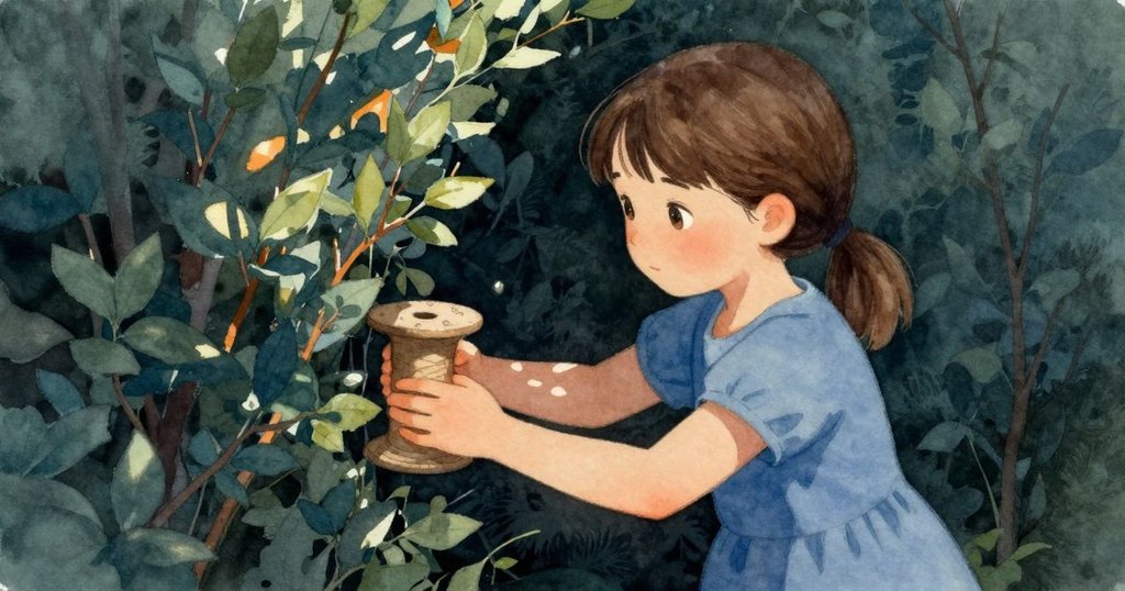 Cora在隱秘籬笆間小心操作線軸，利用樹枝整理線路，光影斑駁環境中透露出靜謐神秘感