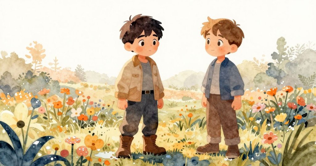 賈德森穿著工作服在濕潤花園中踱步,與奈爾斯一起彎腰查看大石,天氣陰柔,充滿好奇心