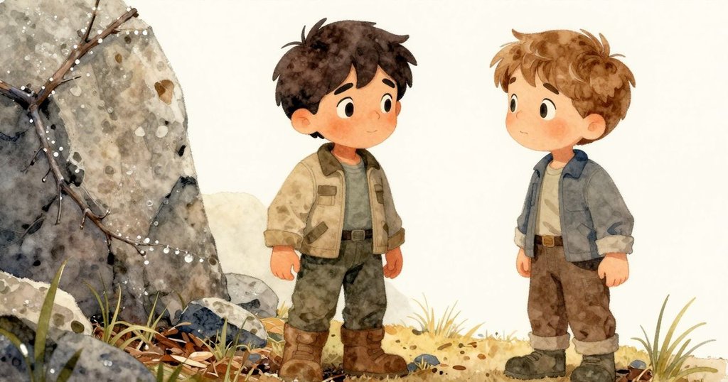 特寫畫面聚焦於石灰岩與沾滿露珠的樹枝,展示自然細節與歷史沉積,花瓣與泥土交織