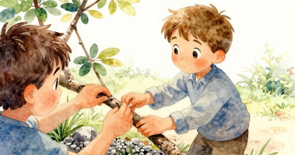 從賈德森背後看奈爾斯調整樹枝及碎石,動作協調,光線柔和,展現自然庭園的細膩互動