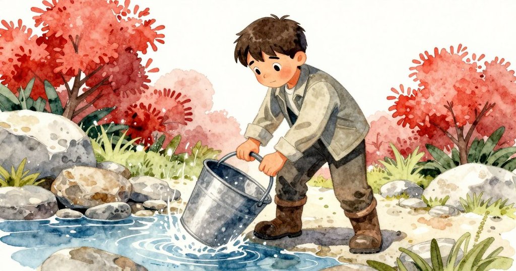 午後光線中,石塊緩慢移動觸碰金屬桶,水流悄然滲出,賈德森注視著變化,氣氛漸變