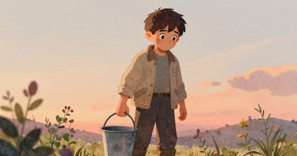 在柔和黃昏光線下,賈德森放下空桶,靜靜欣賞最後一滴水,花園寧靜中隱約見證一天辛勞