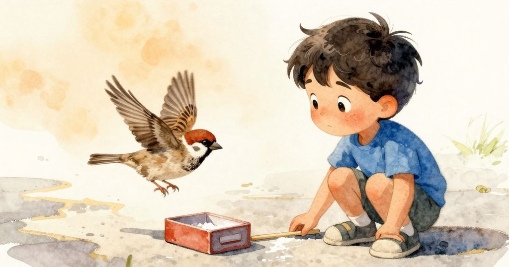 Jasper的剪影在溫暖陽光中觀看，一隻麻雀飛越粉筆盒和直立的小棍，環境充滿明亮日光和長長陰影