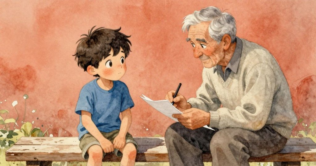 Jasper蹲下仔細觀察粗糙地面，旁邊爺爺在樹蔭下靜靜畫圖，兩人皆展現專注神情