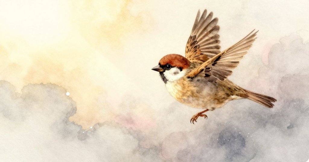 柔和的雲朵使陽光變得溫和，一團粉筆塵隨風飄起，麻雀在白點上留下細小足跡，空氣中充滿奇幻感