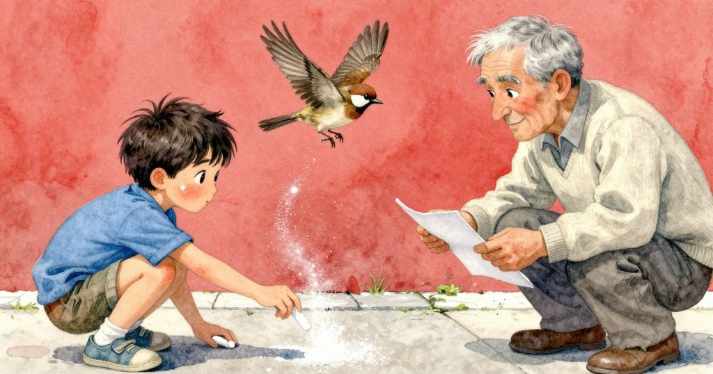 Jasper的手正迅速換取新的粉筆，動作定格在空中，形成一道優美弧線，粉筆塵在空中輕輕飄揚，充滿創意