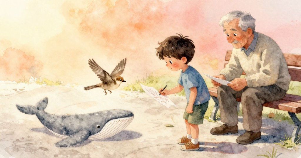 在溫暖陽光下，粉筆鯨魚圖完整展現，Jasper滿懷欣慰地欣賞創作，爺爺靜靜坐在長椅上觀看，麻雀在圖上輕留足跡