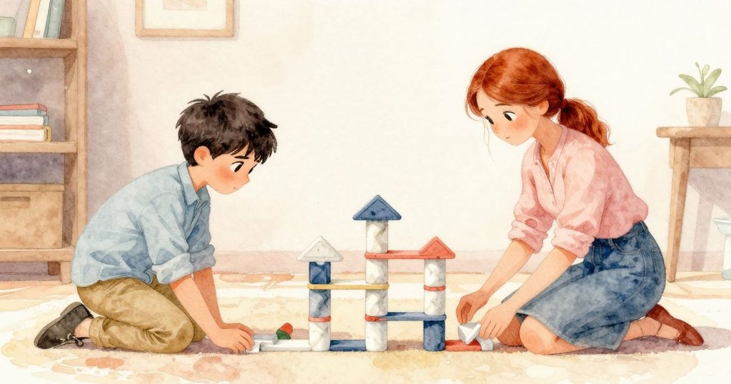 Marco與Janet在溫暖居家環境中互動，Marco好奇探查空缺書架，Janet忙著製作紙板，環境充滿期待與活力