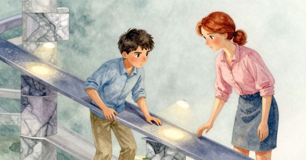 多層次的滑珠道設計展現藍灰斜板與紙板細節，Marble準備滾動，空間層次分明，情節進入關鍵發展