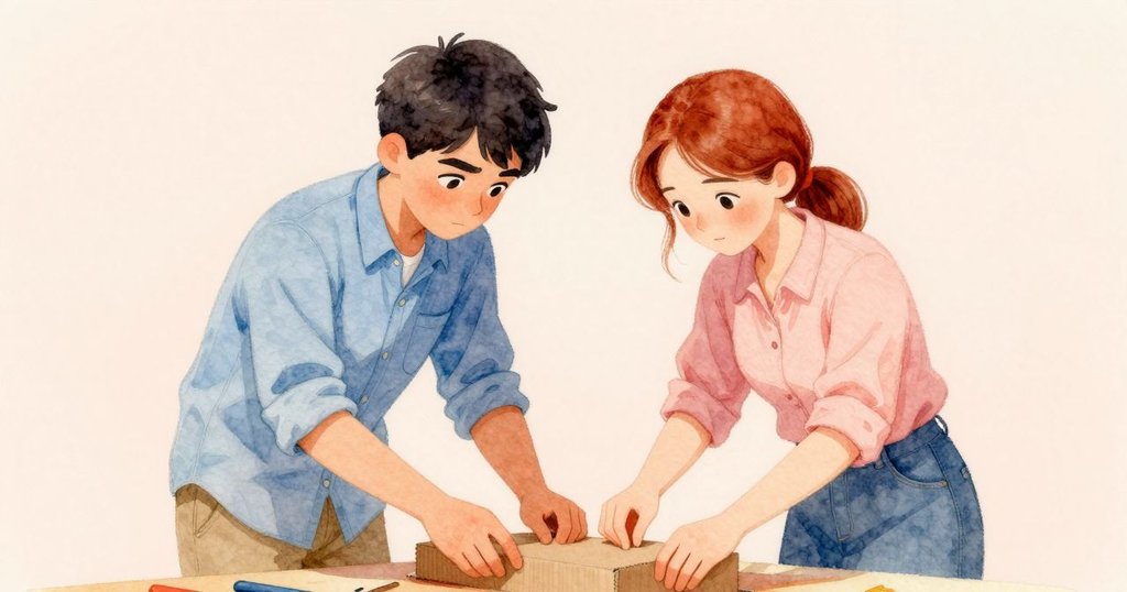 Janet專注修剪紙板，Marco穩住移動木塊，兩人協作維護結構平衡，情節達到高潮，環境溫馨