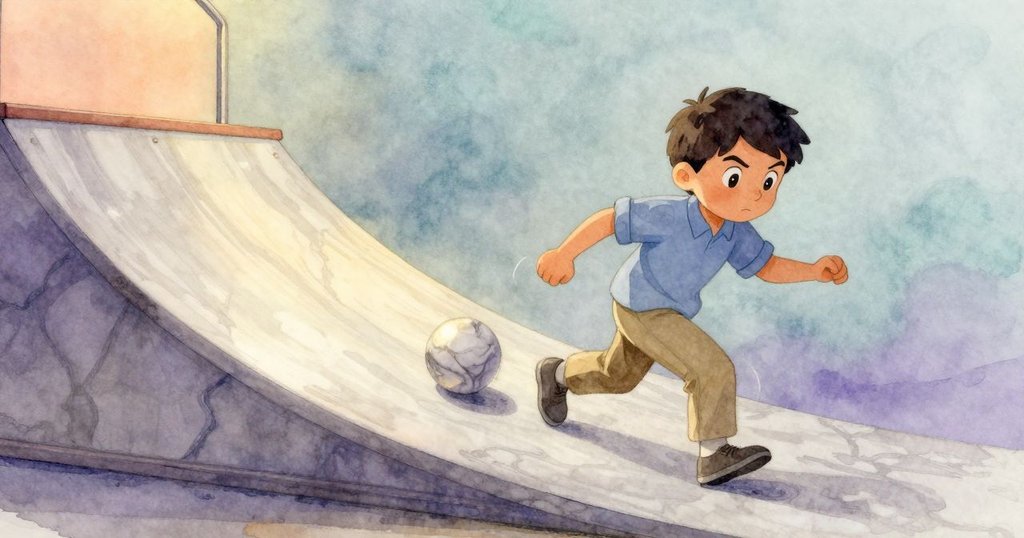 Marco滿意看著滑珠順利滾動，最終結構穩定落定，寬廣畫面呈現成功實驗後的和平與希望