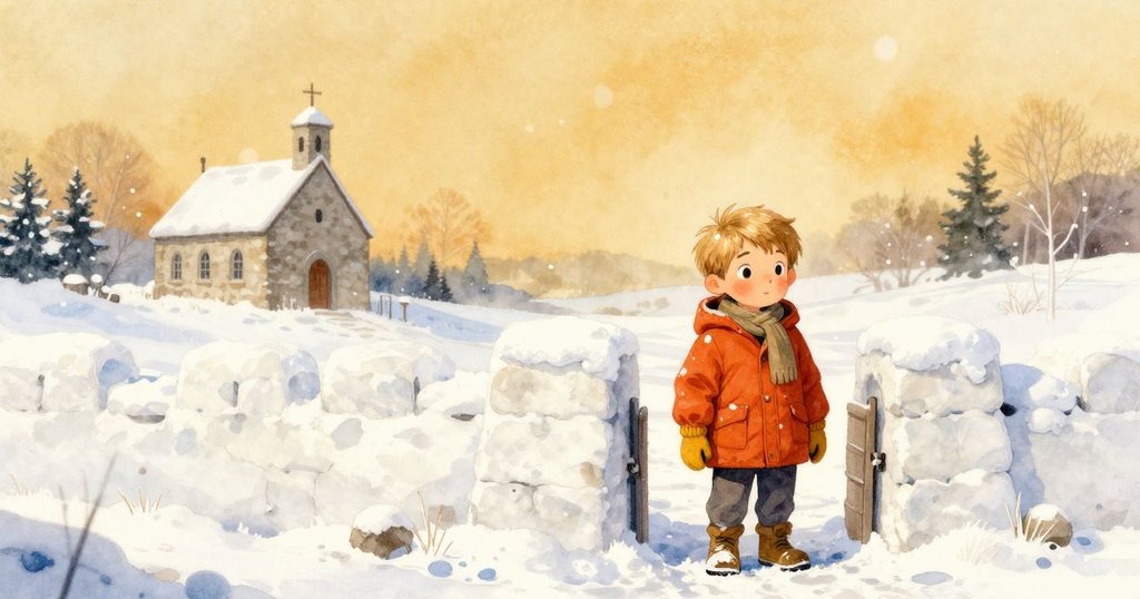 薩利文在雪堡入口前靜靜凝視歪斜磚塊與飄落雪花,背景有石造小教堂,表情專注平靜