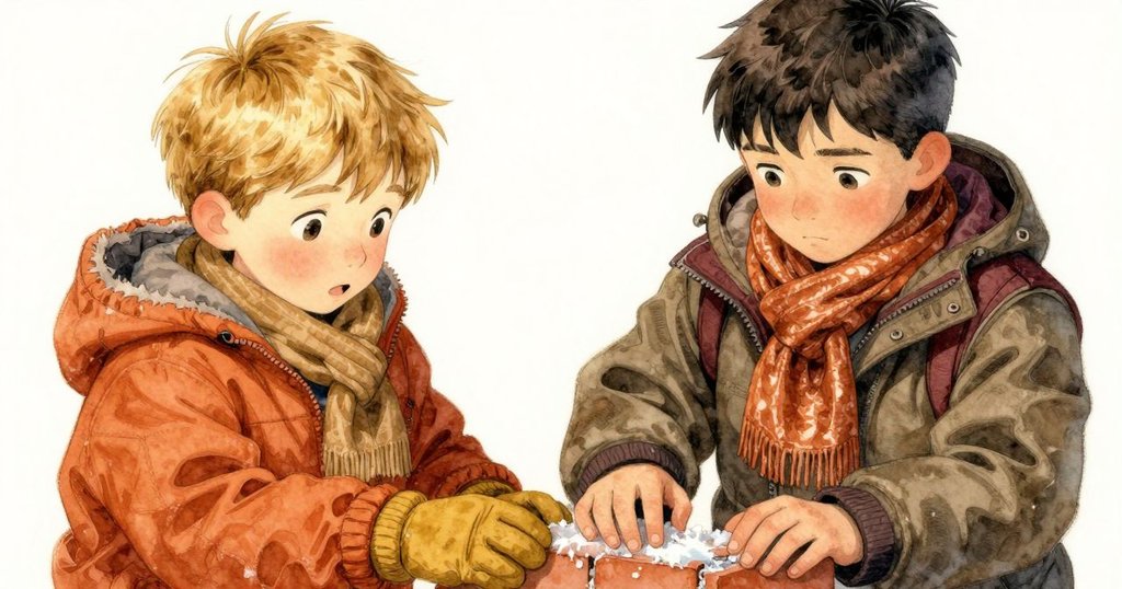 薩利文與約克的雙手特寫,正在輕輕按壓積雪中帶著冰晶的紅磚,細節豐富,畫面溫暖