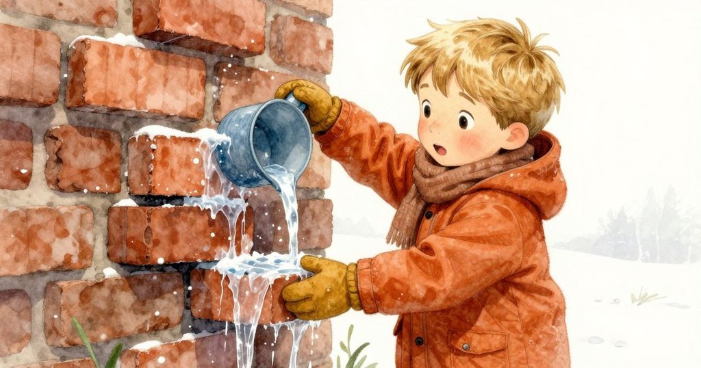 薩利文手持水桶,正將水緩緩澆在積雪磚縫中,水流迅速凍結成閃亮冰帶,場景溫柔寧靜