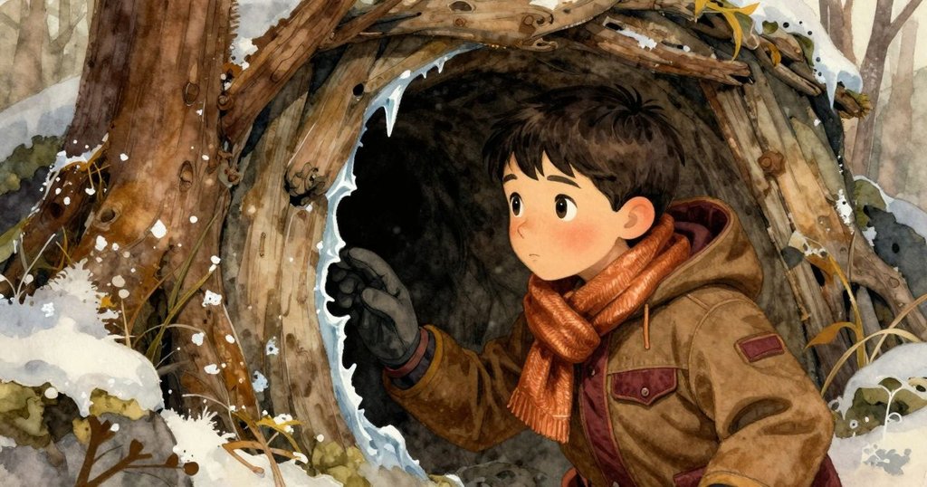 約克好奇地探查雪堡隱藏入口,冰光閃爍於磚縫中,雪雕細緻,表情中充滿驚奇與期待