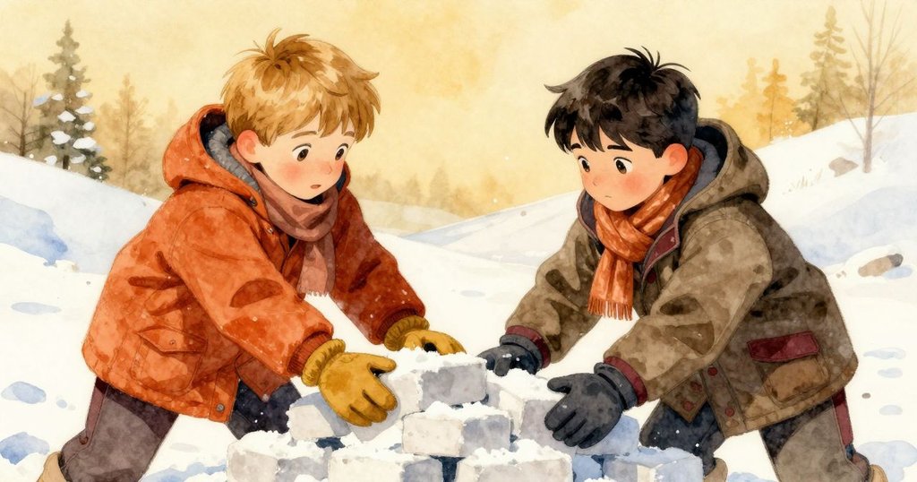 薩利文與約克齊心協力推壓雪堡磚柱,雙手在濕滑雪泥中相遇,動作協調,場面充滿溫暖活力