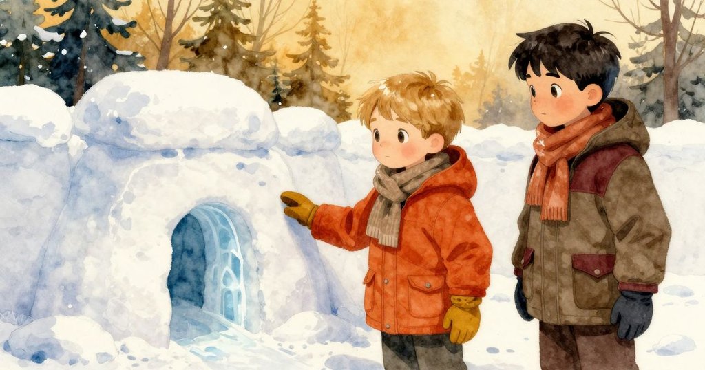 薩利文與約克並肩站在完成的雪堡入口前,欣賞著冰光閃爍的創作,背景雪花飛舞,流露滿足與期待