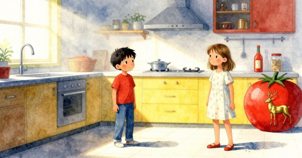 Dana與Keira初現故事,廚房中小小黃銅羚羊靜坐於醬瓶上,晨光柔和透露奇異開端的氣氛