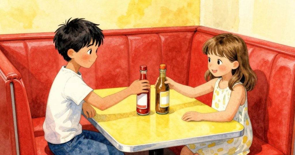 Dana與Keira在餐廳中動作敏捷,同時伸手取醬,對比鮮明的番茄紅與芥末黃展現故事發展