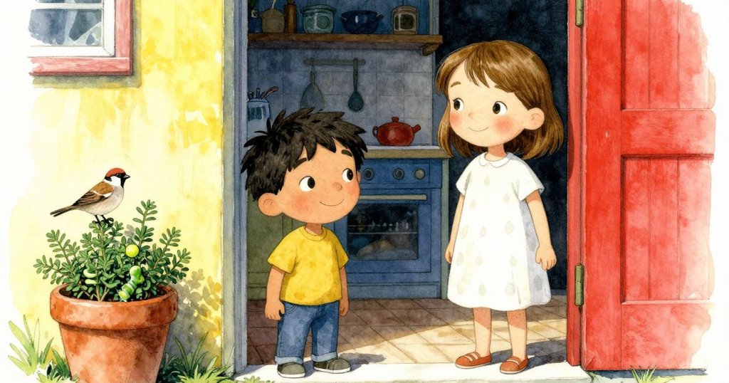 廚房外,麻雀立於百里香盆上,條紋毛毛蟲緩爬,為Dana與Keira故事增添大自然細節與生命氣息