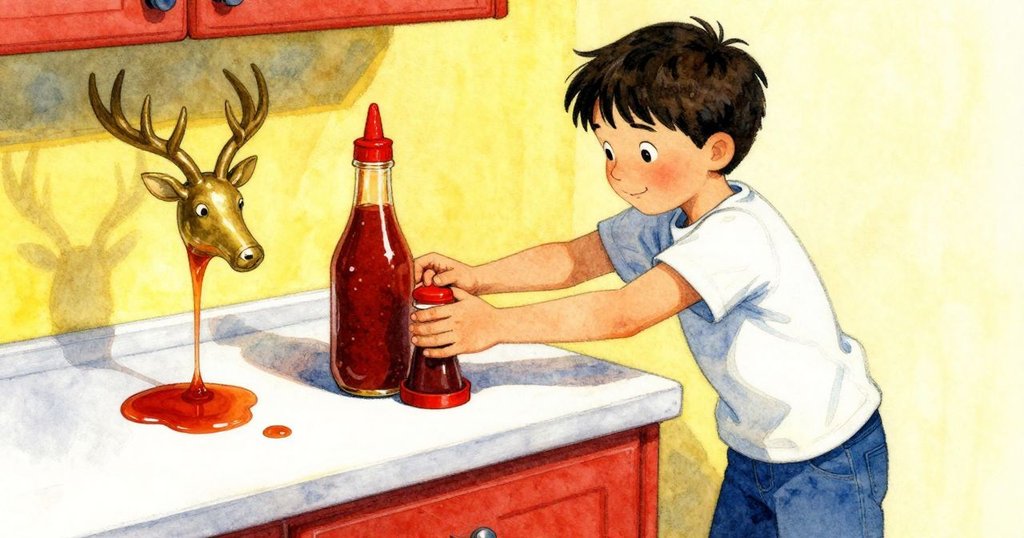 Dana用力輕按醬瓶上黃銅羚羊,奇幻傾斜中瓶蓋裂開,空間幾何感與甜蜜氣氛交織