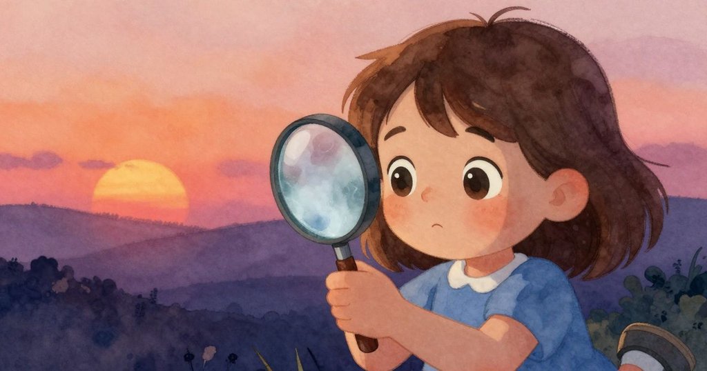 Hattie面部特寫，凝視著起霧的放大鏡，表情充滿好奇和溫柔驚訝，背景柔和光線營造溫暖氛圍