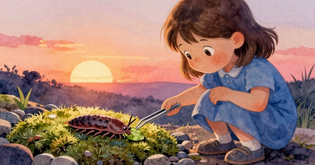 從木石蟲視角看見石子上品嘗枯葉，Hattie在背景中小心調整苔蘚，畫面細膩自然，光線柔和