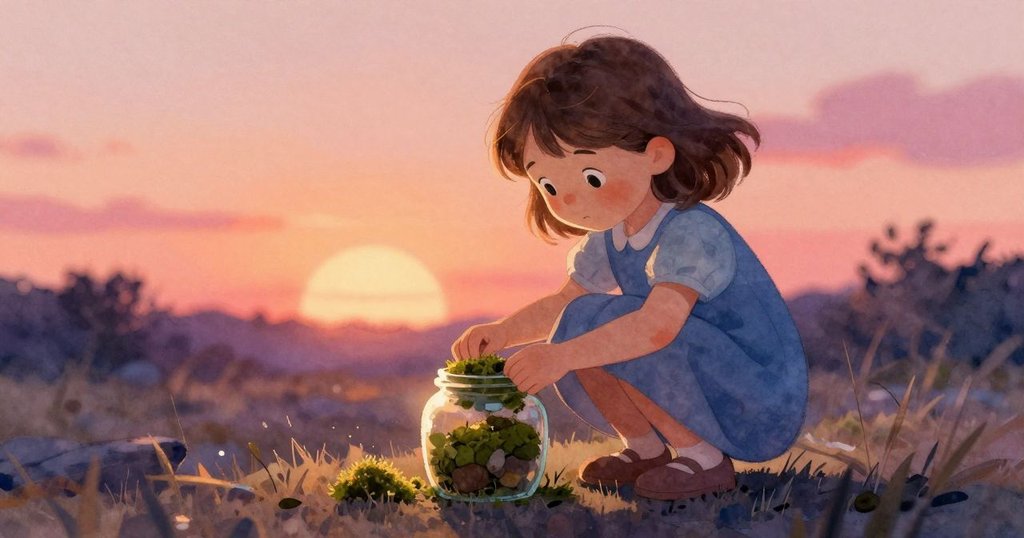 在懷舊色調中，Hattie輕撫苔蘚罐和未用苔蘚，溫暖色調營造出回憶感，呈現自然與關懷的細膩聯繫