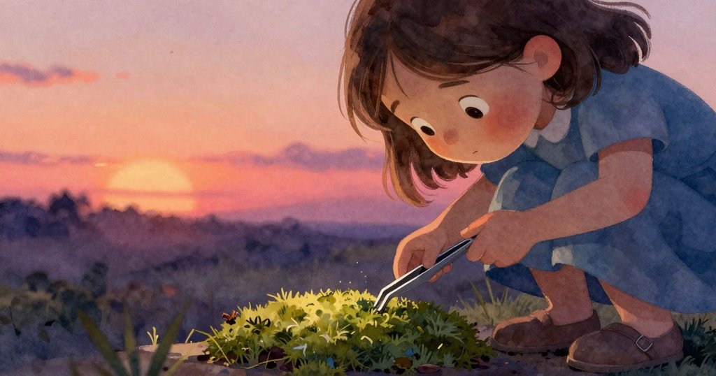 Hattie特寫手持夾鉗調整彎曲的苔蘚，面露掙扎與猶豫，燈光營造出柔和戲劇張力，充滿內心衝突