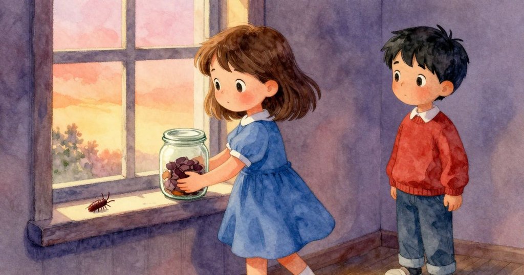 Hattie將平衡苔蘚罐輕放於窗台，木石蟲隱入陰影中，Ben在背景翻書注視，溫暖光線中呈現結局和諧