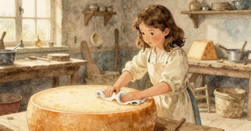 Ines正在用鹹濕布清洗老化的起司輪，石牆背景中充滿歷史感，她專注且充滿期待。