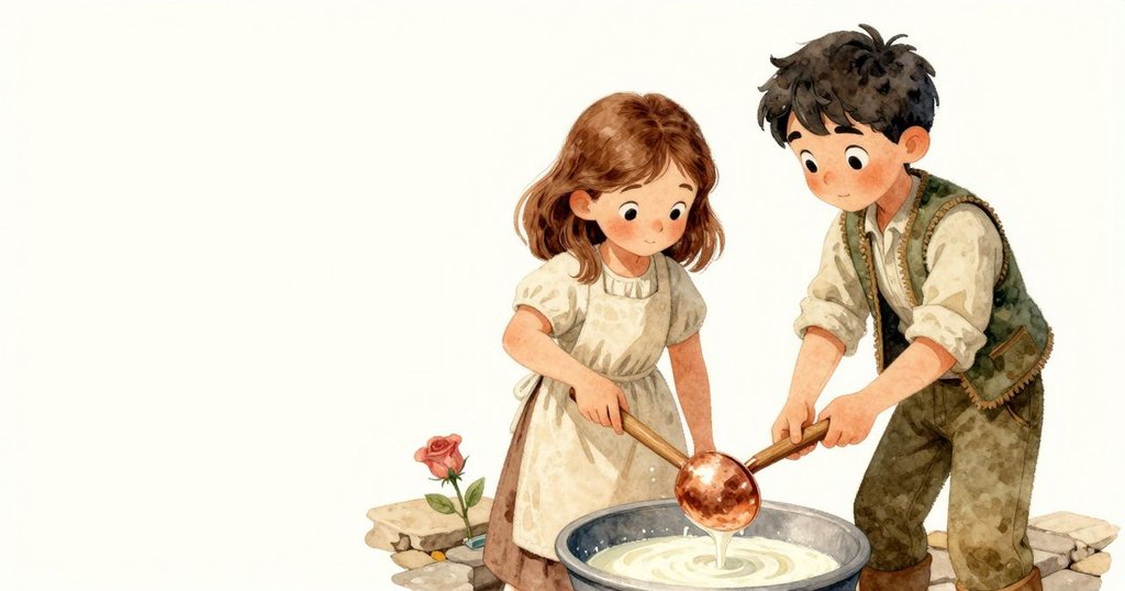 小銅勺因觸碰木攪拌器而掉落，在石質工作台上動作明顯，畫面留白強調了細節。