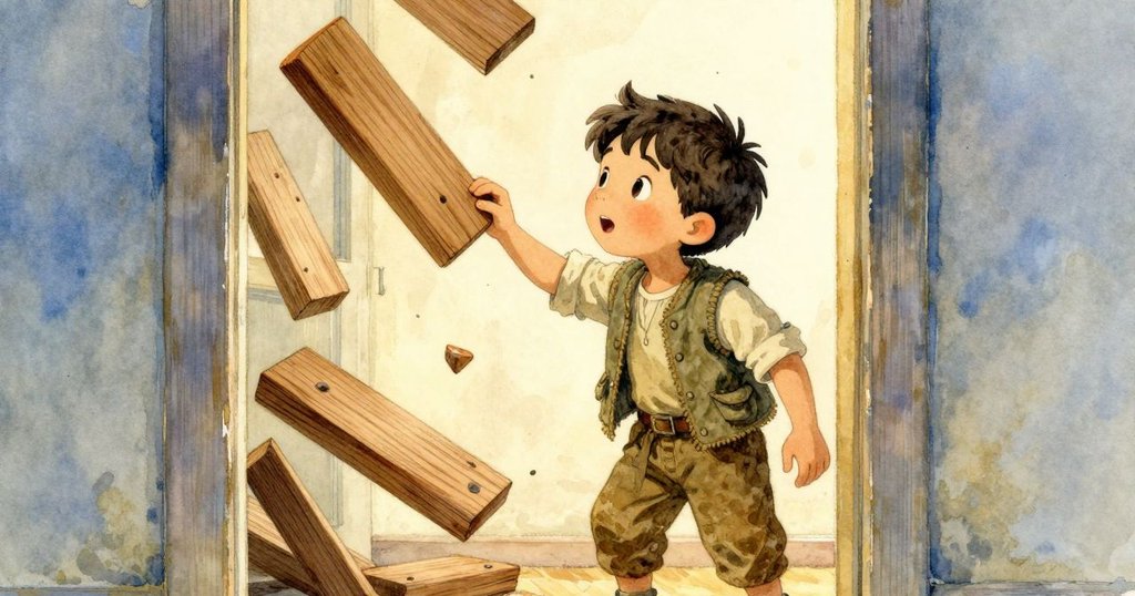 透過半掩的門縫，Vaughn警覺地注視著傾倒的木板，背景中有整齊的起司輪和古樸設施。