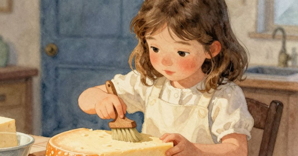 Ines聚精會神地用柔軟刷子均勻刷拭起司輪，刷動間細鹹塵揚起，工坊細節豐富。