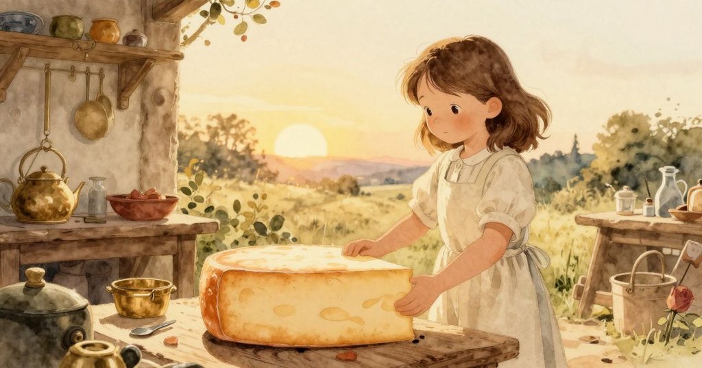 在黃昏溫暖光線中，起司輪靜臥在凹槽內，Ines滿足地觀看，工坊環境呈現和諧與完美結局。