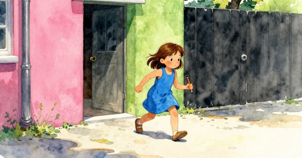 Corinne邁步進入庭院, 踏在溫暖鋪石上, 池水閃爍, 充滿期待與好奇, 天空明亮, 開啟創作旅程