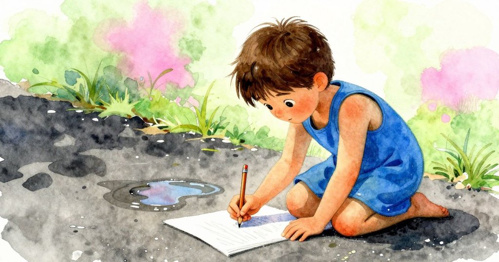 Corinne跪於鋪石上, 聚精會神描繪水邊紋理, 鉛筆在手, 感受溫暖陽光, 水面微光閃爍, 創作氛圍濃厚