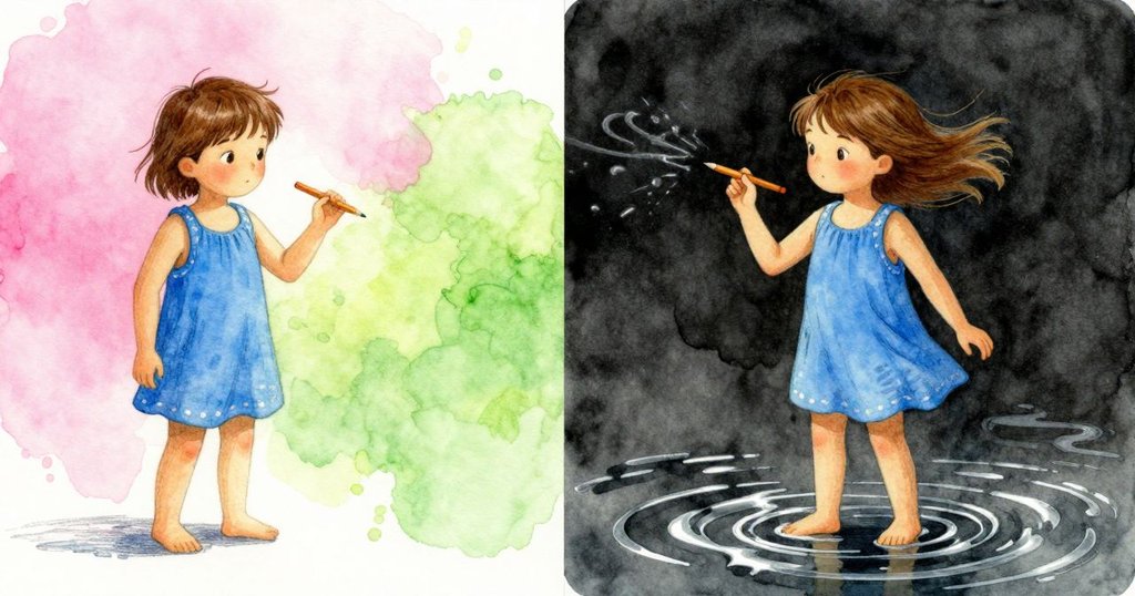 Corinne一邊認真繪圖, 一邊水面隨風起舞, 分割畫面展現專注與變化, 形成動靜對比, 表情專注