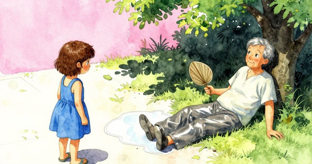 從高處俯瞰庭院, Corinne於水邊專心畫作, 老人在樹下搖扇乘涼, 自然光線柔和, 場景寧靜