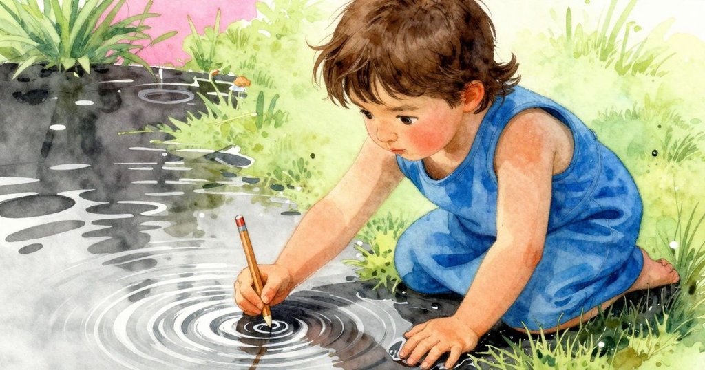 Corinne凝視水面細微波紋, 調整鉛筆動作, 面容堅定, 決定捕捉短暫光影, 氣氛沉靜且充滿期待