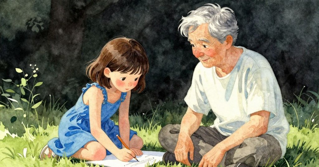 Corinne與長輩共同欣賞完成手稿, 鉛筆痕跡在石面上散發溫光, 彼此相視滿懷欣慰與連結, 創作終章圓滿