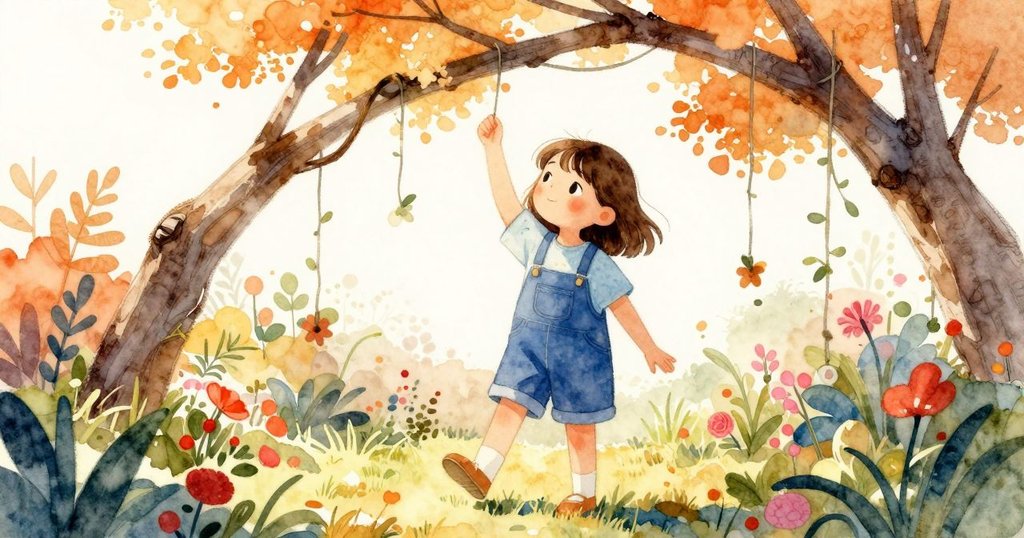 妮娜在傾斜樹枝下行走，背景噴水器運作，線條懸掛，透出好奇與輕柔光線的戶外花園場景