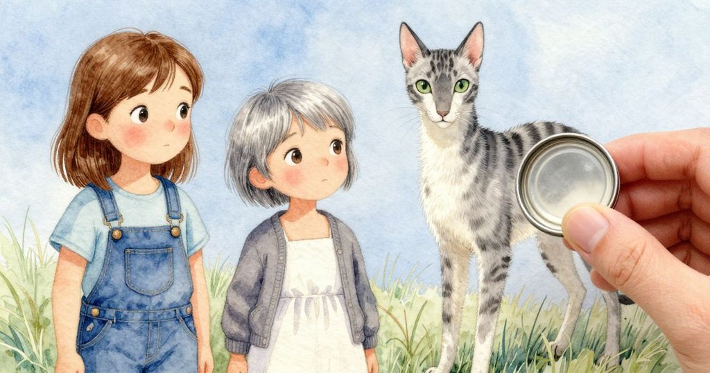 妮娜仔細清理並輕敲草地中撿起的罐蓋，細節突顯金屬光澤，展現探險解謎的瞬間