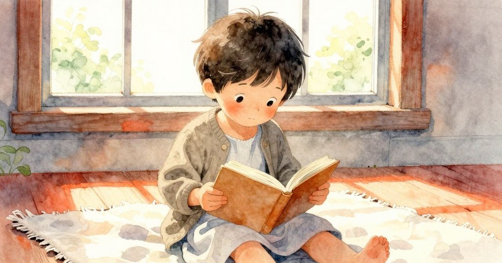 加納坐於毛毯上閱讀，翻頁輕柔動作透過窗框般視角呈現戶外花園的靜謐溫暖