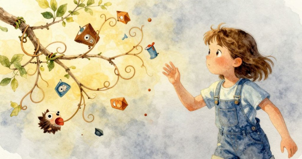 妮娜在空氣漩渦中調整晃動物件，罐蓋、塑膠外殼與鑰匙圈交織成夢幻幾何，充滿神秘動感